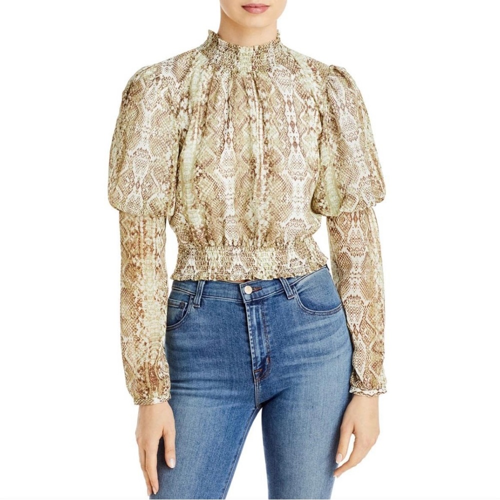 WAY Dutchess Smocked Waist Puff Sleeve Top Sand  Sand Snake
